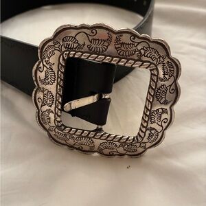 Silpada Black Leather Belt with Ornate Silver Buckle M